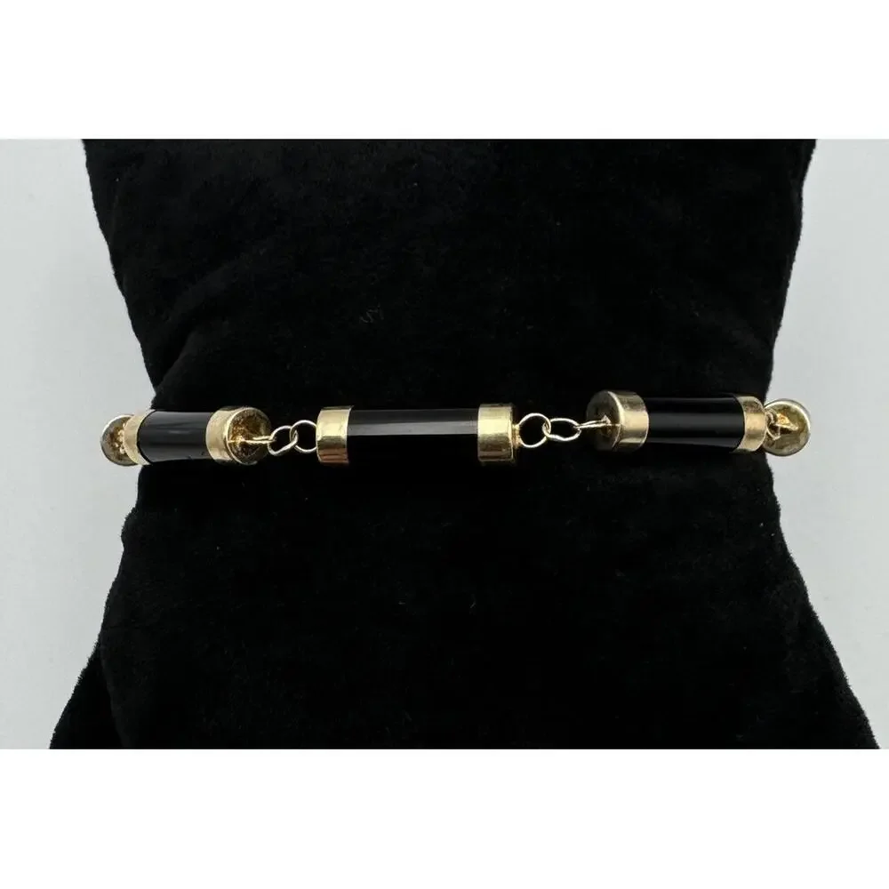 Heng Ngai HN 14k Gold‎ Onyx Cylinder Link Box Clasp Bracelet Estate Jewelry